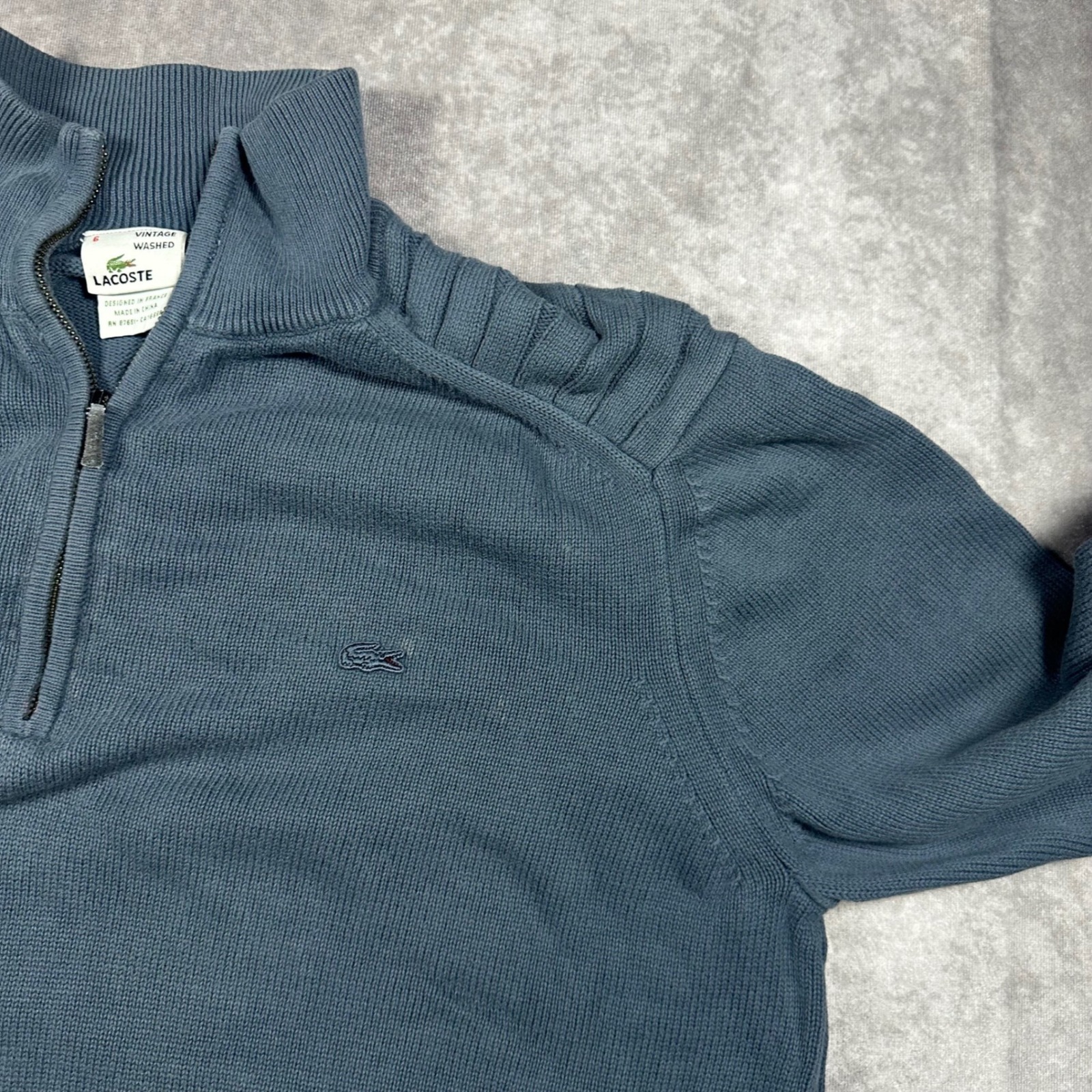 Lacoste Mens Vintage Washed Blue Quarter Zip Sweater Ribbed Size 6 L Preppy — image 4 of 8